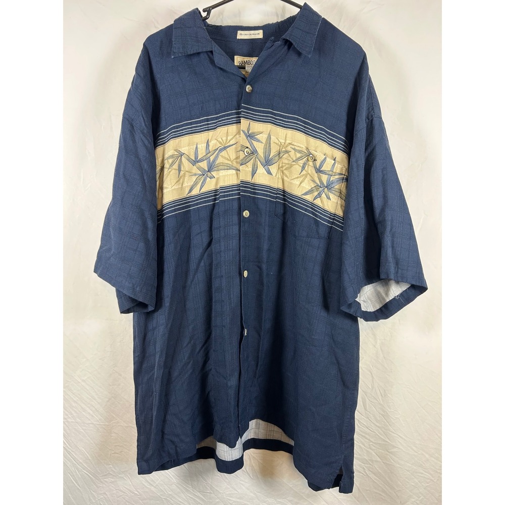 Bamboo Cay‎ Mens XXL Navy Blue Rayon Embroidered Bamboo Leaf Camp Shirt Y2K